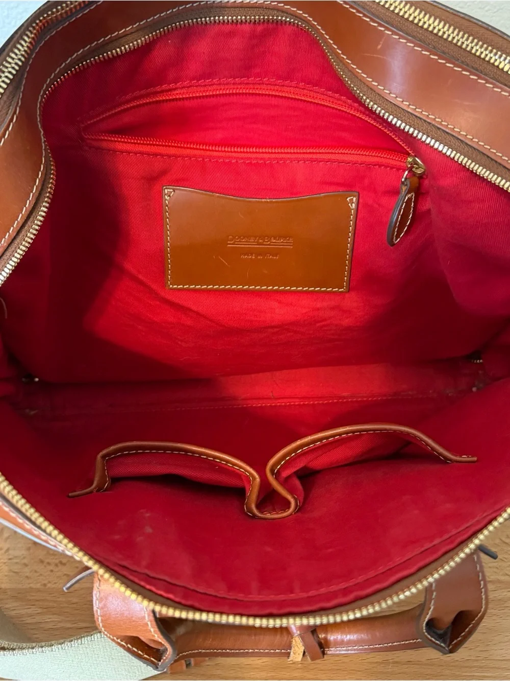 Dooney & Bourke Cognac Double Zip Leather Briefcase Messenger Bag Laptop